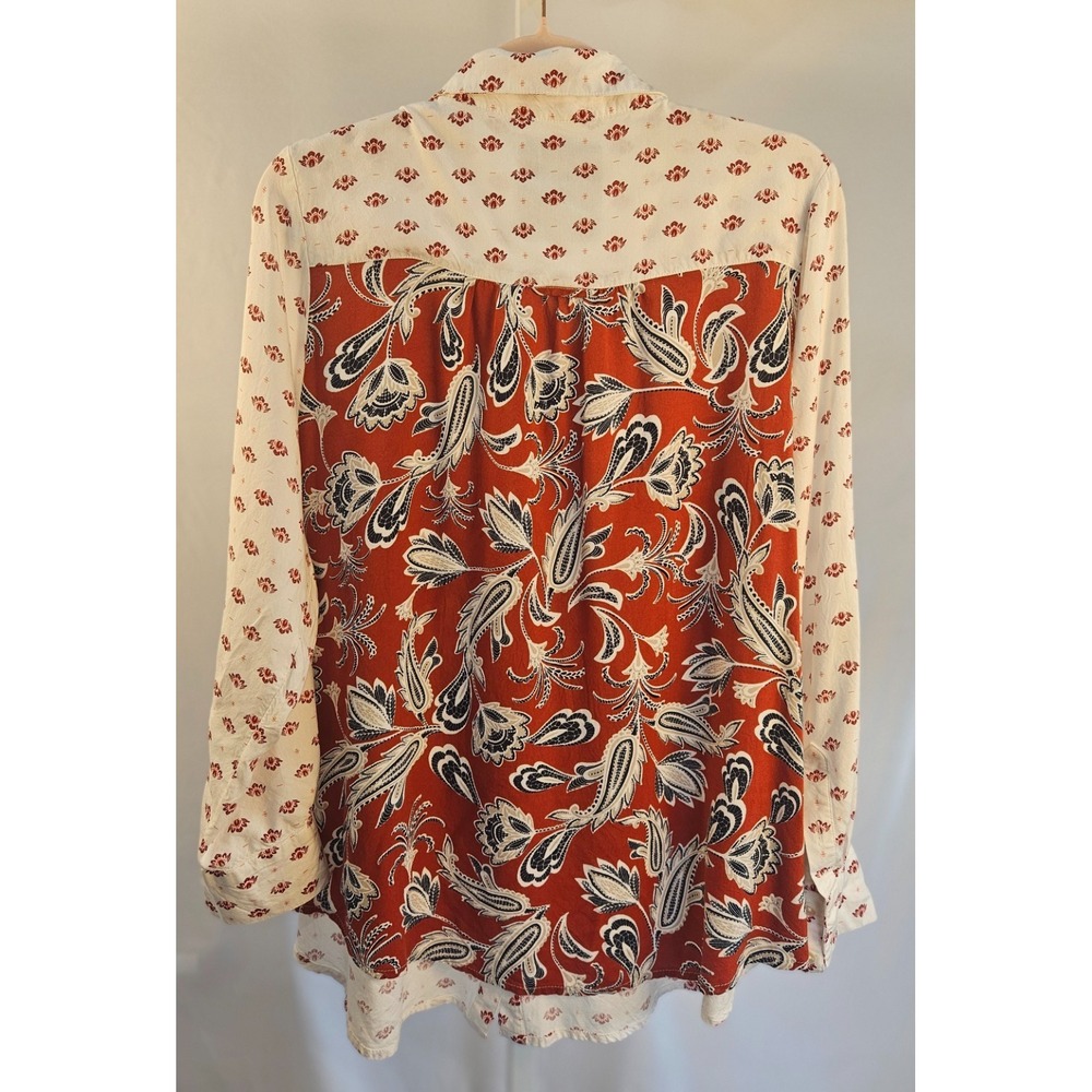 Style & Co Women L Mixed Print Rayon Button Shirt Floral Paisley Boho Rust Cream - Picture 2 of 6
